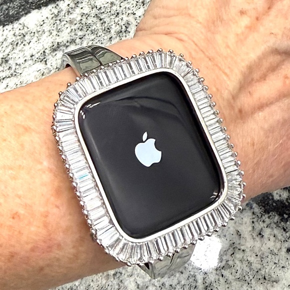 2 pc Apple Watch set white gold lab diamond case and crystal band classy bling - Picture 3 of 11